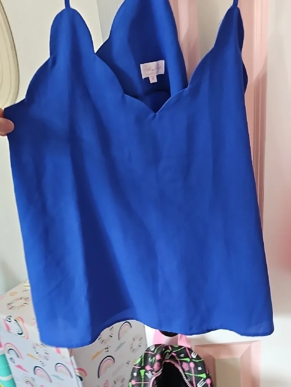 Pink Lily-Blue and Red Scalloped V-Neck Spaghetti Strap Cami Top- Size M